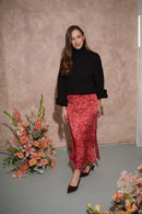 Women's petite midaxi slip skirt with side slit in coral haze abstract print