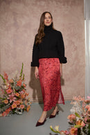 Women's petite midaxi slip skirt with side slit in coral haze abstract print