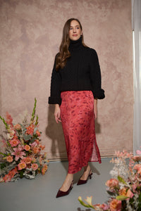 Women's petite midaxi slip skirt with side slit in coral haze abstract print