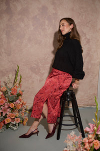 Women's petite midaxi slip skirt with side slit in coral haze abstract print