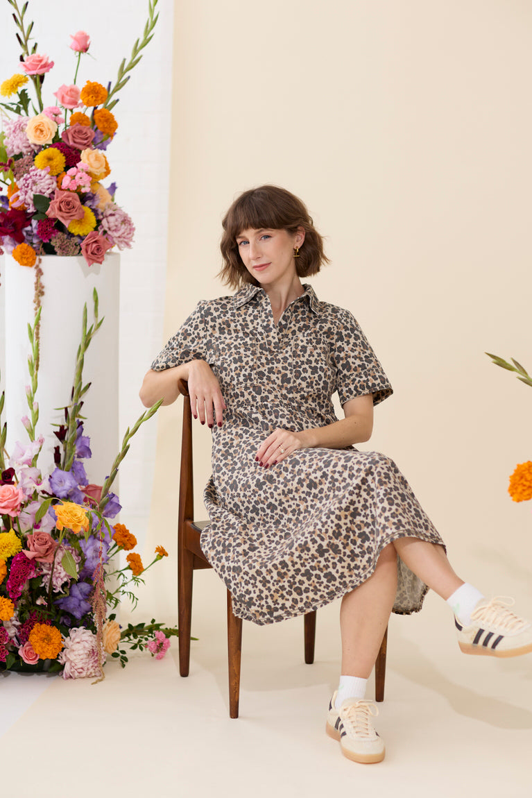 Freddie petite midi shirt dress with patch pockets in leopard print, sitting