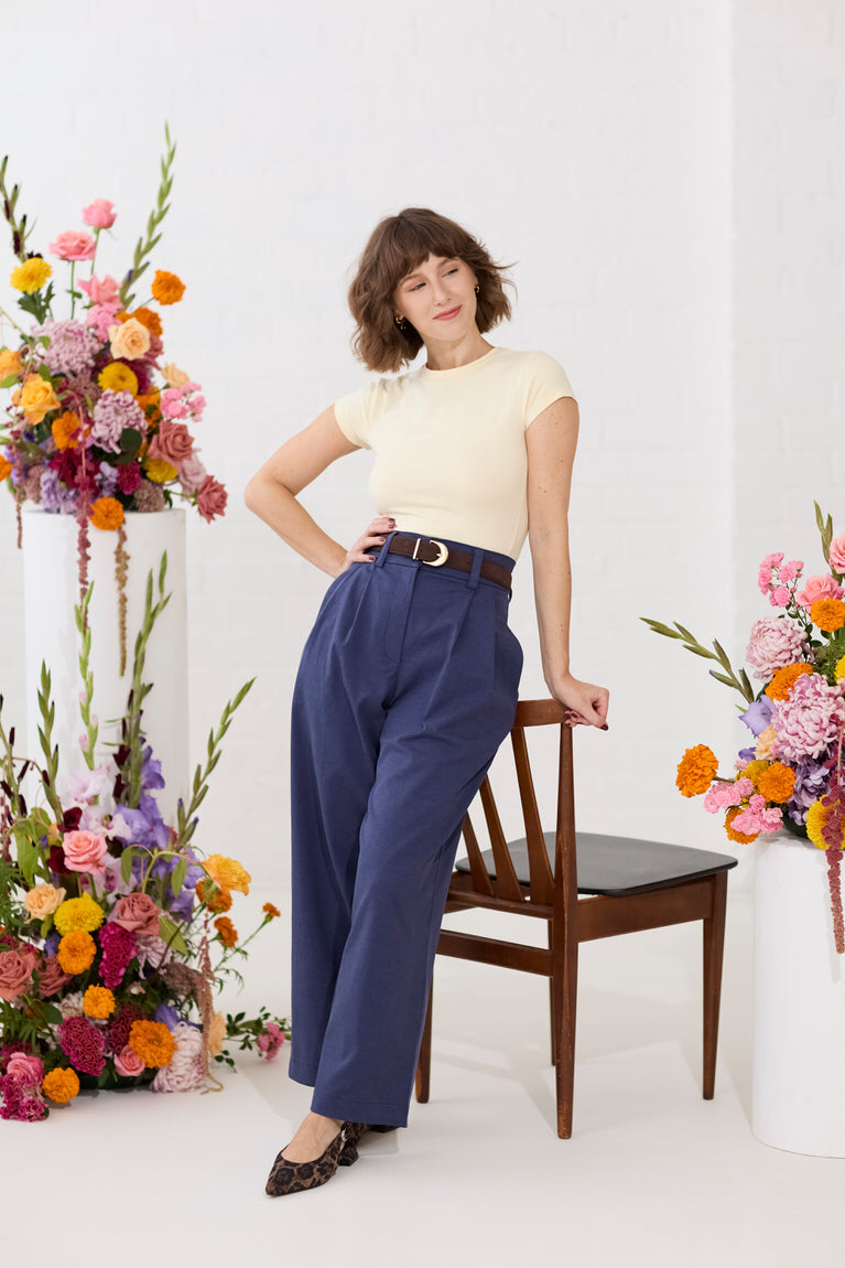 Zoey petite wide-leg tailored trousers in navy, standing shot