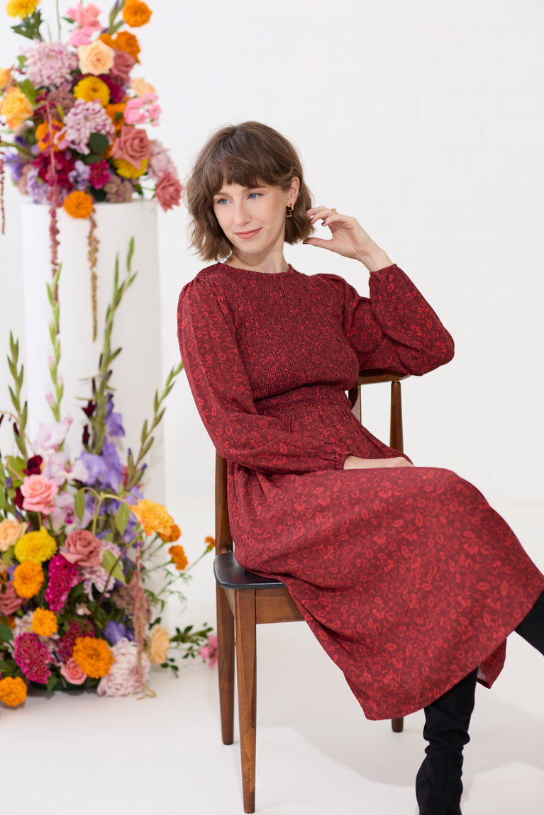 Tamsin petite smocked midi dress with pockets in red floral