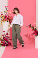 Wide leg, tie waist, khaki casual summer petite trousers in linen and cotton, model walking