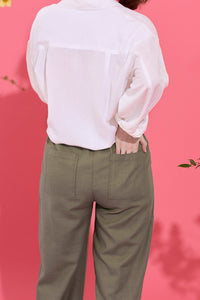 Wide leg, tie waist, khaki casual summer petite trousers in linen and cotton, close up rear view