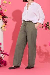 Wide leg, tie waist, khaki casual summer petite trousers in linen and cotton, close up front view