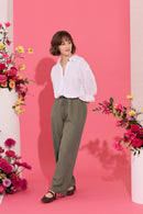 Wide leg, tie waist, khaki casual summer petite trousers in linen and cotton, model standing