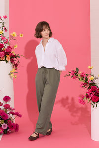 Wide leg, tie waist, khaki casual summer petite trousers in linen and cotton, model standing