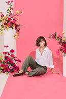 Wide leg, tie waist, khaki casual summer petite trousers in linen and cotton, model sitting