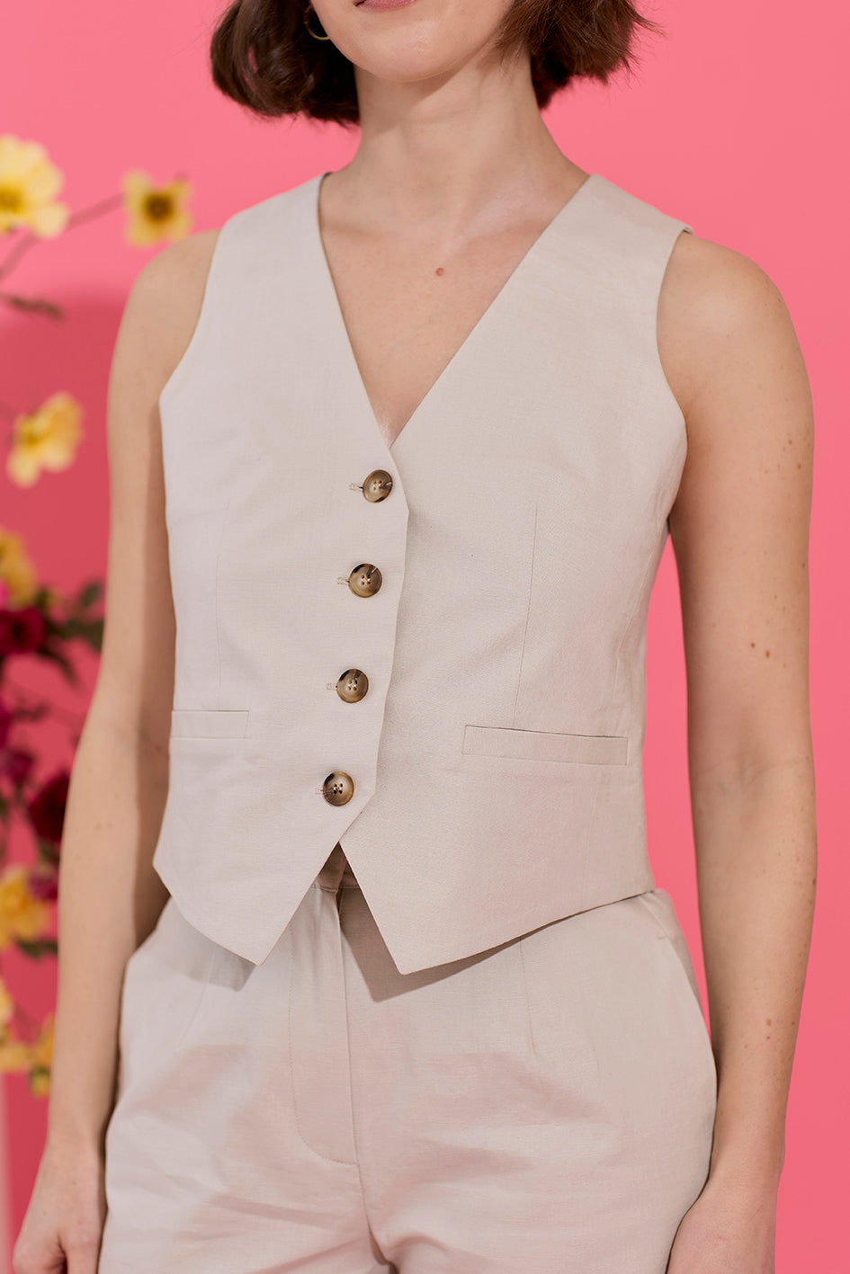 Beige petite summer waistcoat and trouser co-ord set