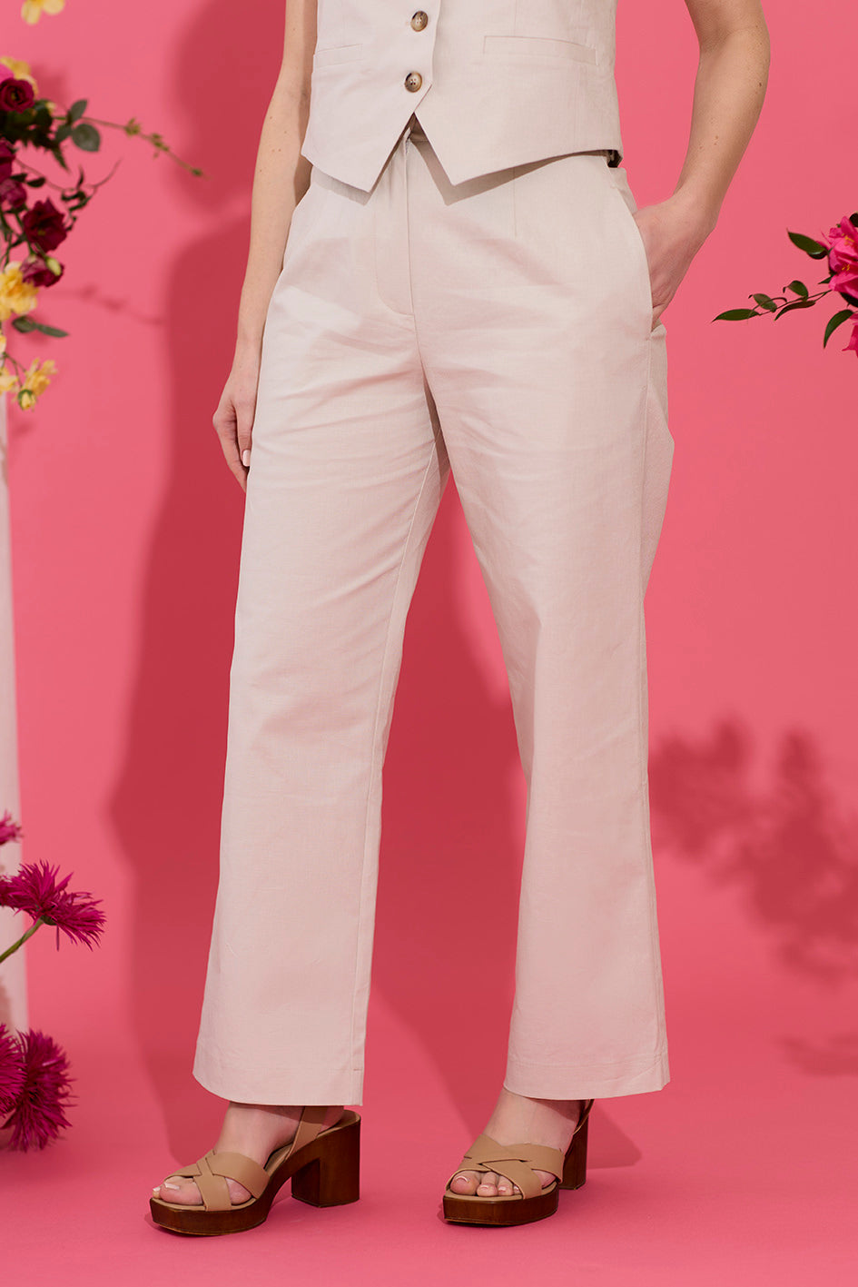 Beige petite linen summer wide leg trouser