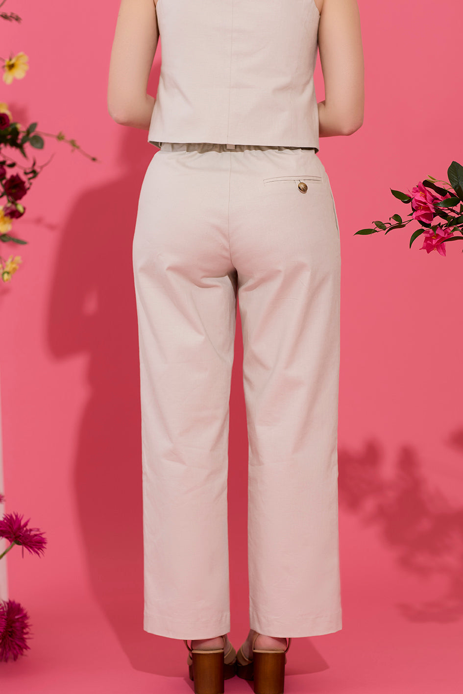Beige petite linen summer wide leg trouser
