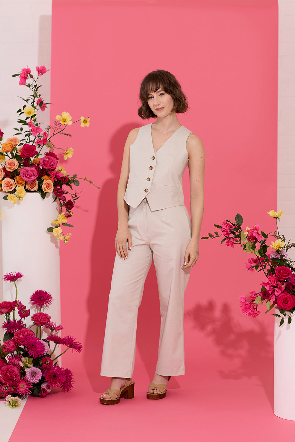 Beige petite summer waistcoat and trouser co-ord set