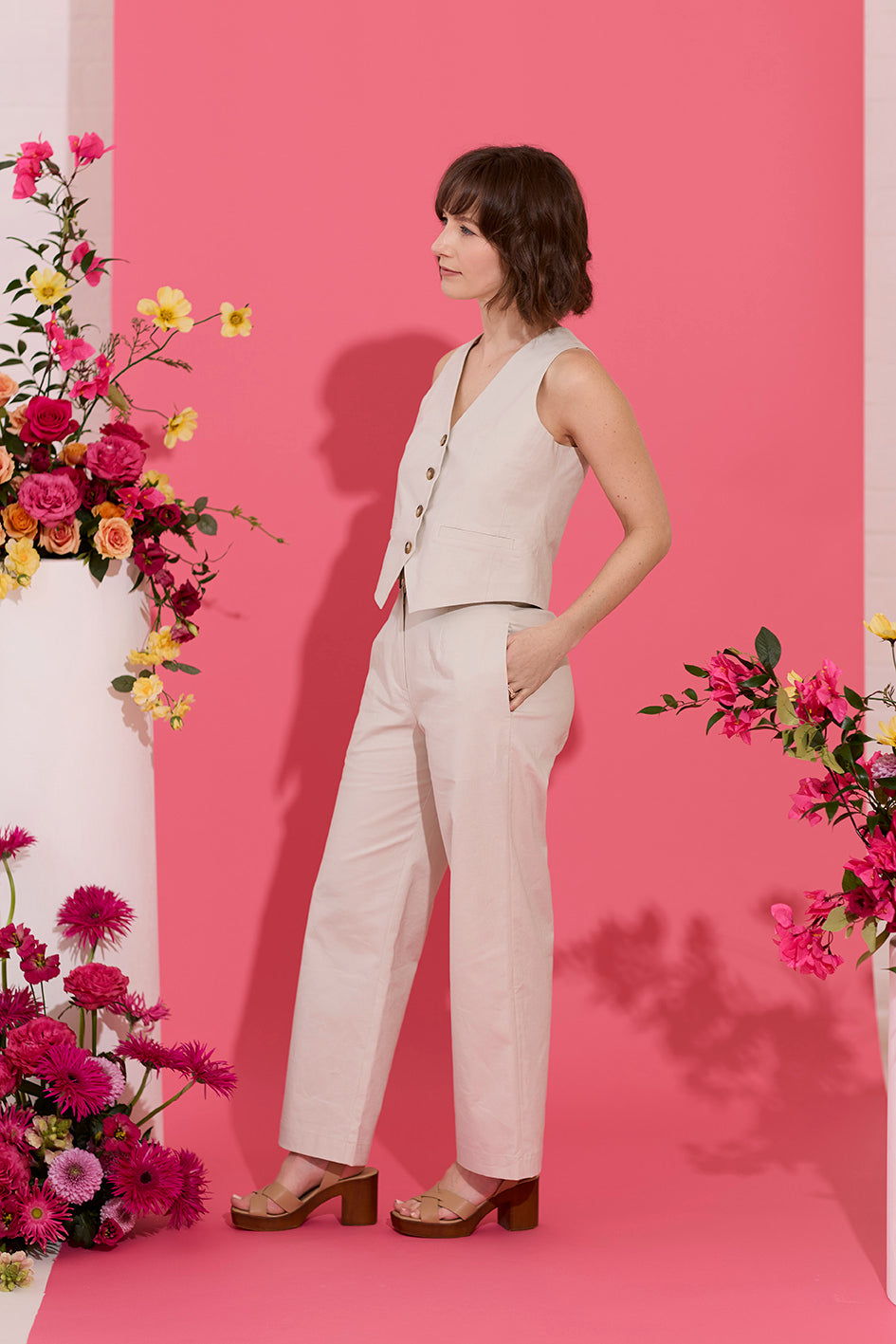 Beige petite summer waistcoat and trouser co-ord set