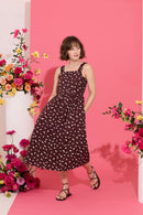 Petite summer sun dress, midi length, brown abstract print