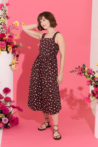 Petite summer sun dress, midi length, brown abstract print