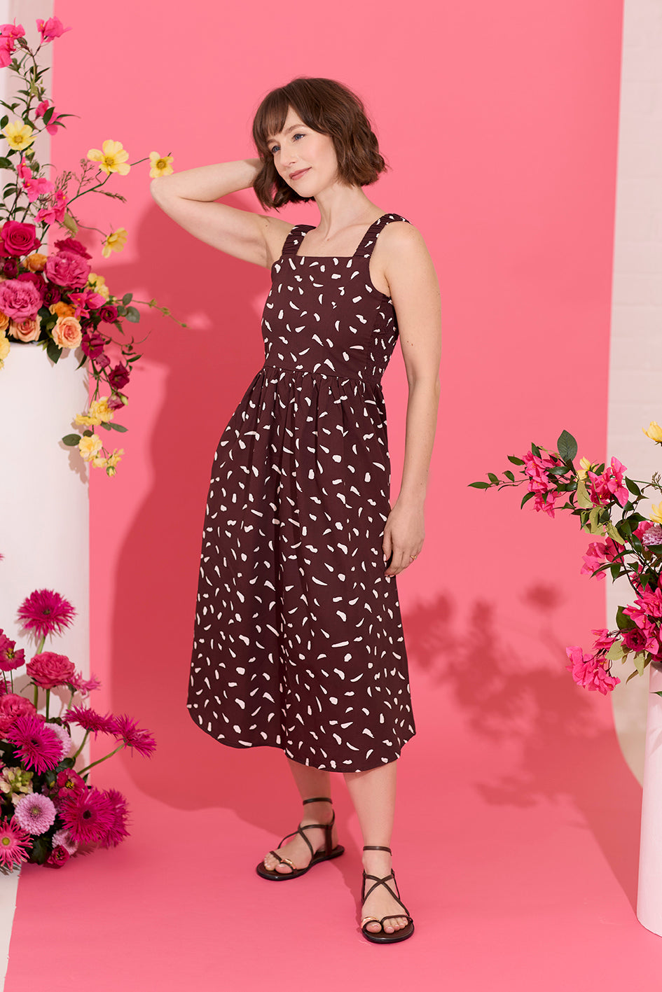 Petite summer sun dress, midi length, brown abstract print