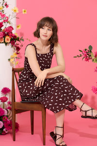 Petite summer sun dress, midi length, brown abstract print