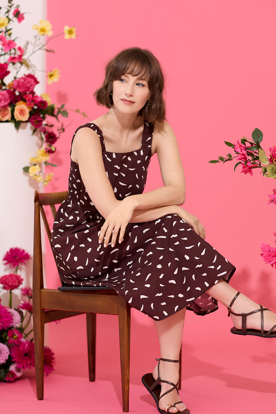 Petite summer sun dress, midi length, brown abstract print