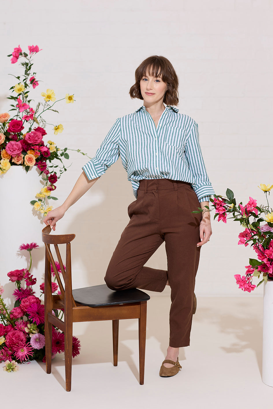 Petite tailored cigarette trousers with pleat detail in brown