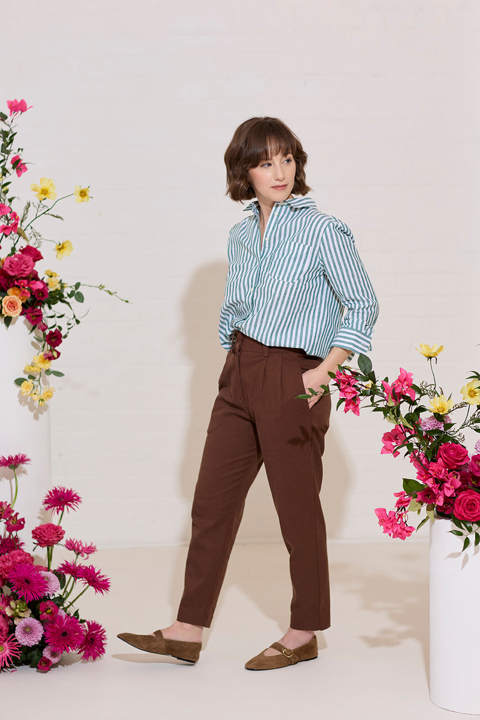 Petite tailored cigarette trousers with pleat detail in brown