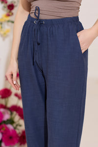Wide leg, tie waist, navy casual summer petite trousers in linen and cotton, close up