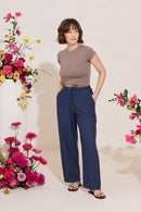 Wide leg, tie waist, navy casual summer petite trousers in linen and cotton