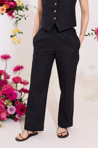 Black petite linen summer wide leg trouser