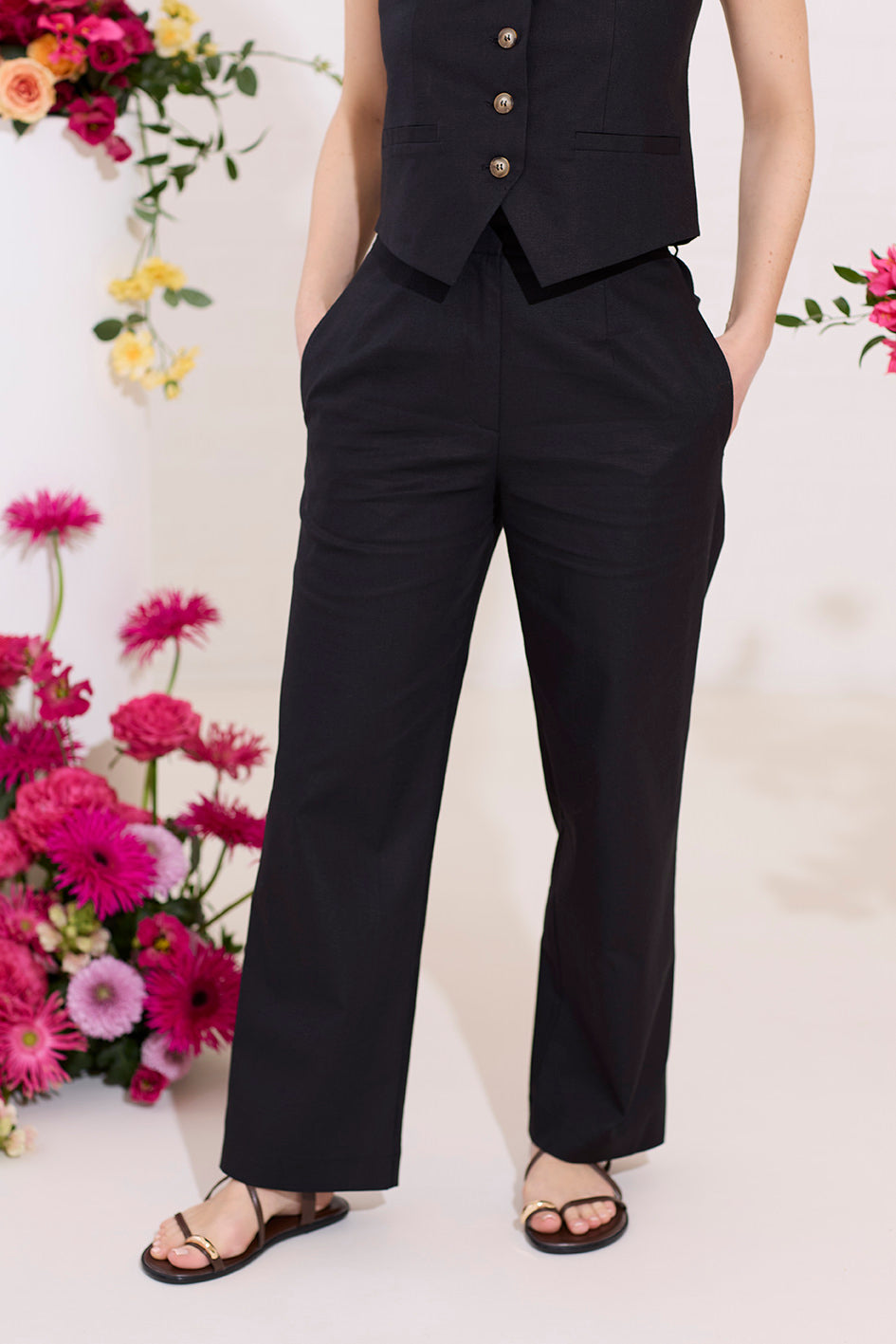 Black petite linen summer wide leg trouser